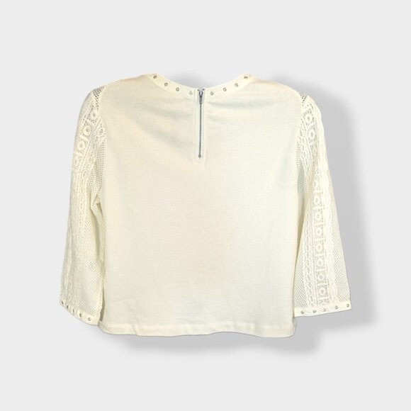 Plenty By Tracy Reese Off-White Rivet & Crochet Lace 3/4 sleeve Top Size Small - Picture 2 of 11
